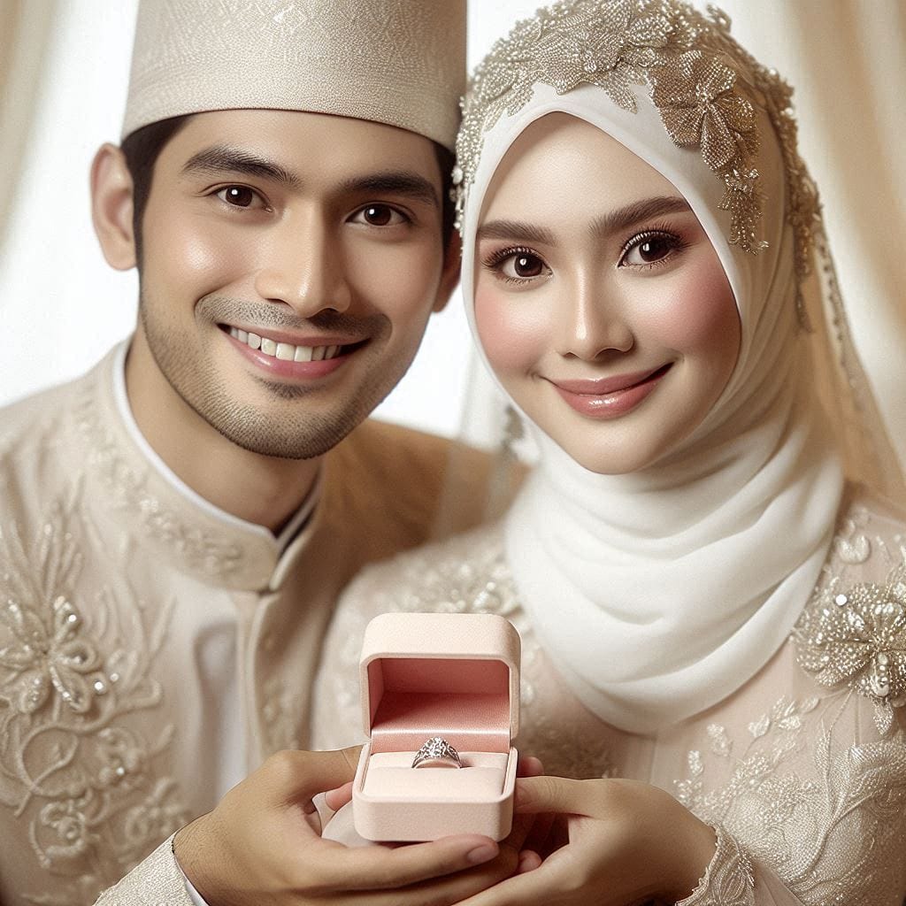 Prompt :
 A beautiful wedding portrait of a Indonesian Muslim couple, both smili...