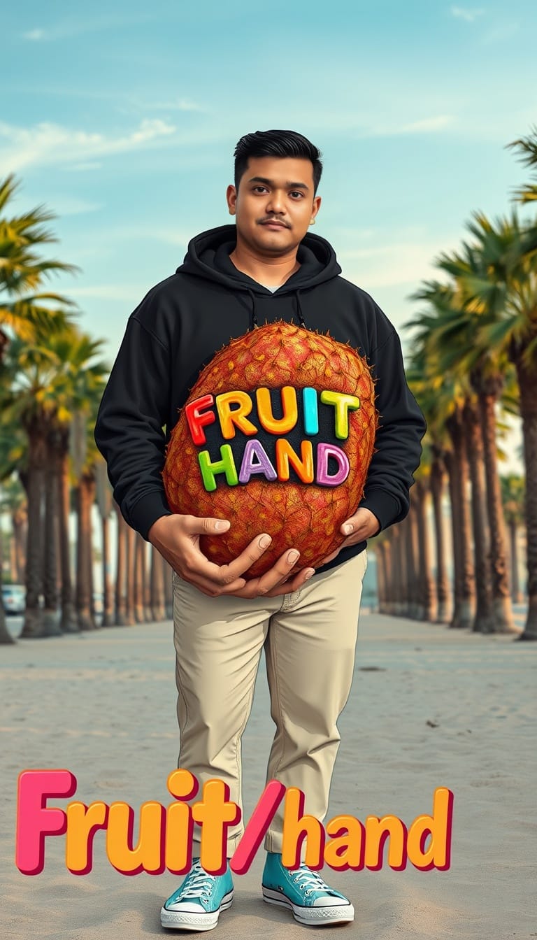 Prompt:
 Fruit in the hand into man hoodie black