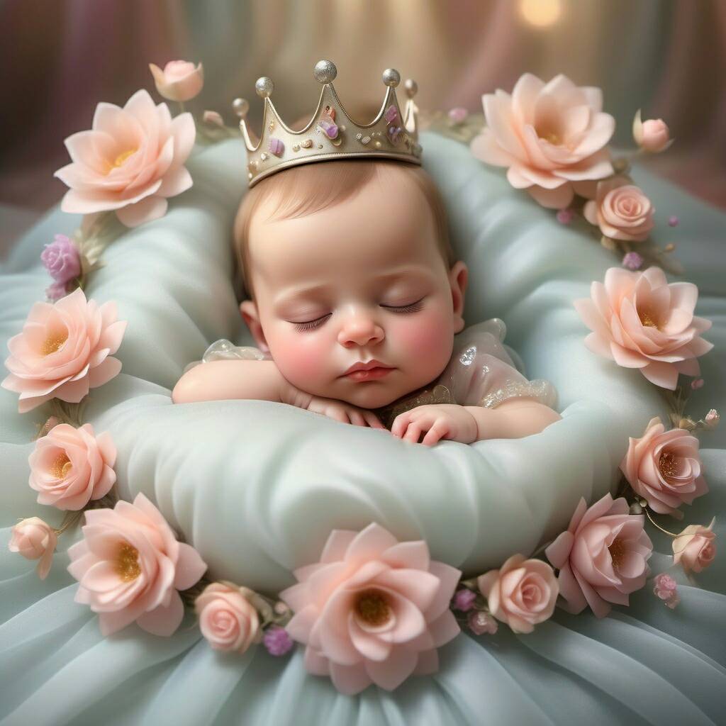 Promt:
 Cute sleeping baby, wearing a princess dress and crown with glass slippe...