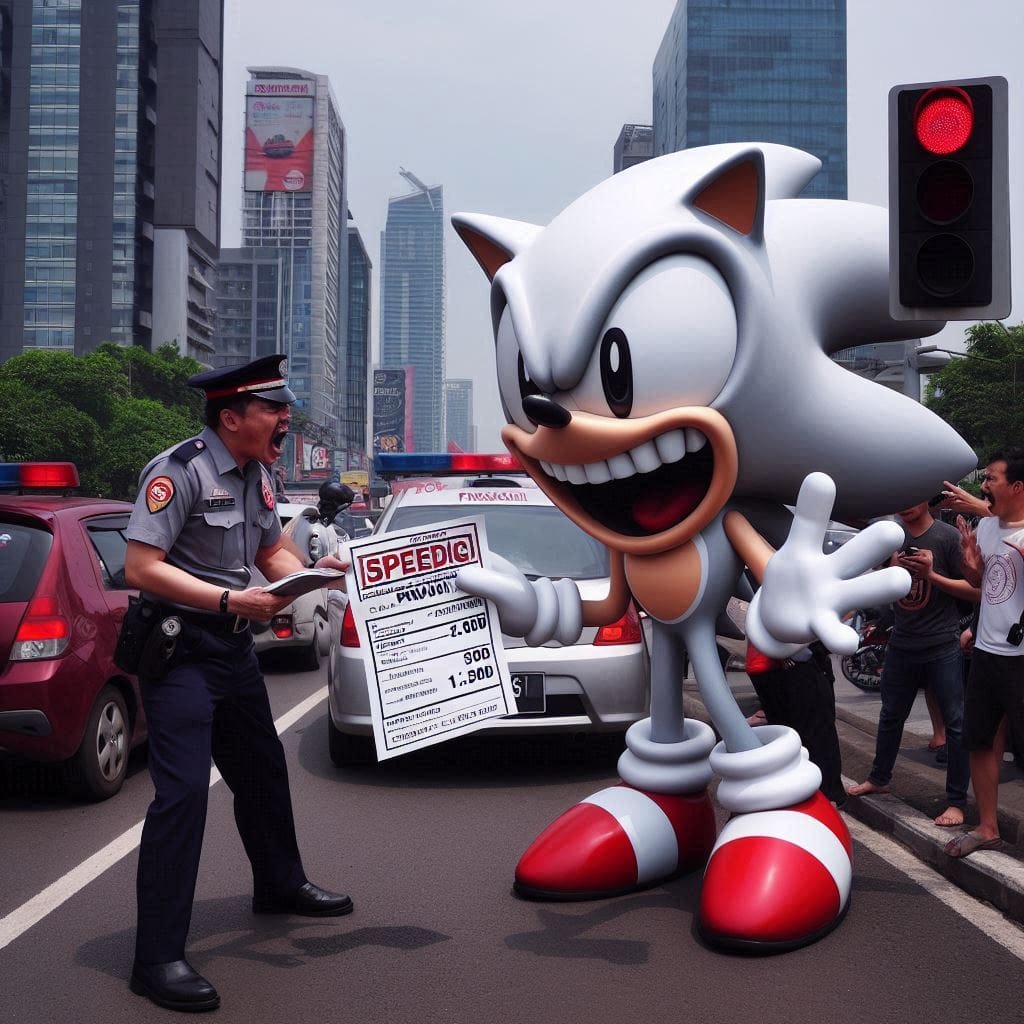 Sonic kena Tilang di Mampang sampe pucet begitu... 

prompt
photography of sonic...