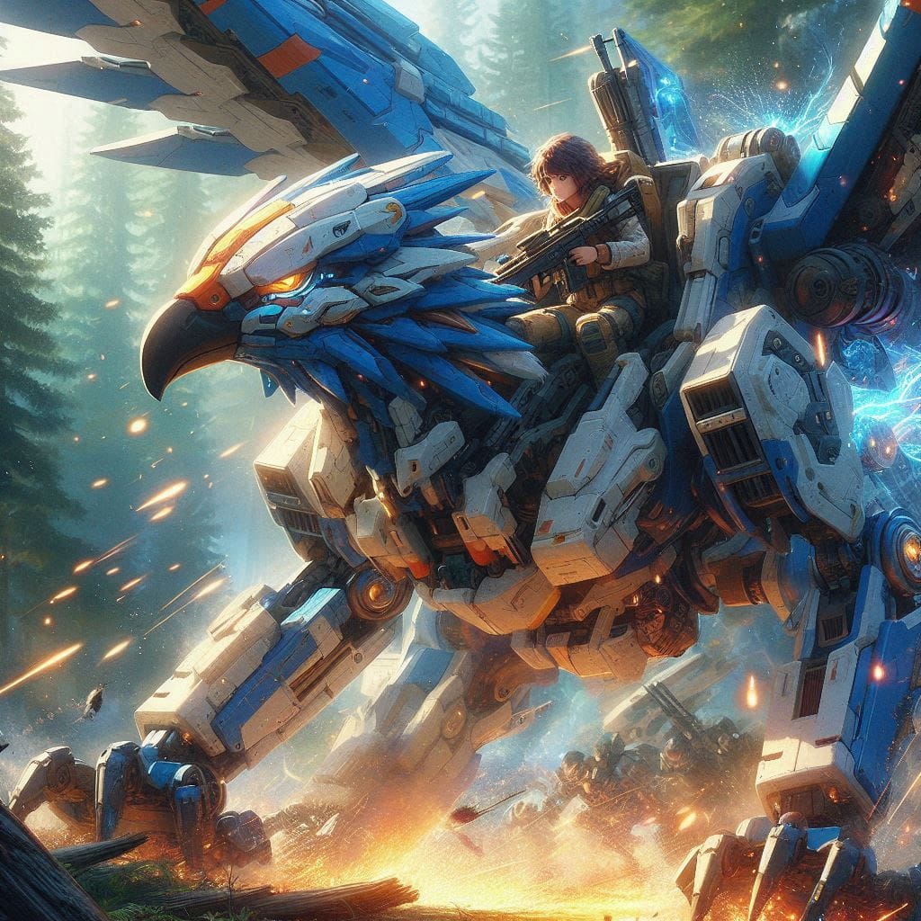 ZOIDS LIGER GARUDA EAGLE biru putih raksasa, bersama pilot wanita muda yang melo...