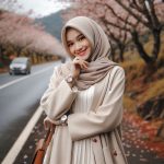 foto asli, seorang  cantik korea tersenyum manis berhijab, mengenakan mantel pan...