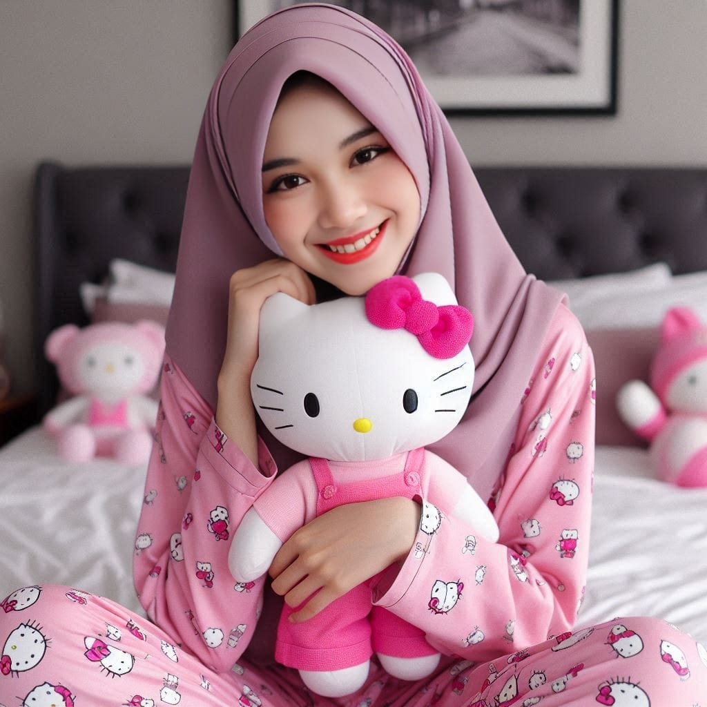 foto asli, seorang wanita cantik korea, tersenyum manis berhijab, mengenakan pak...