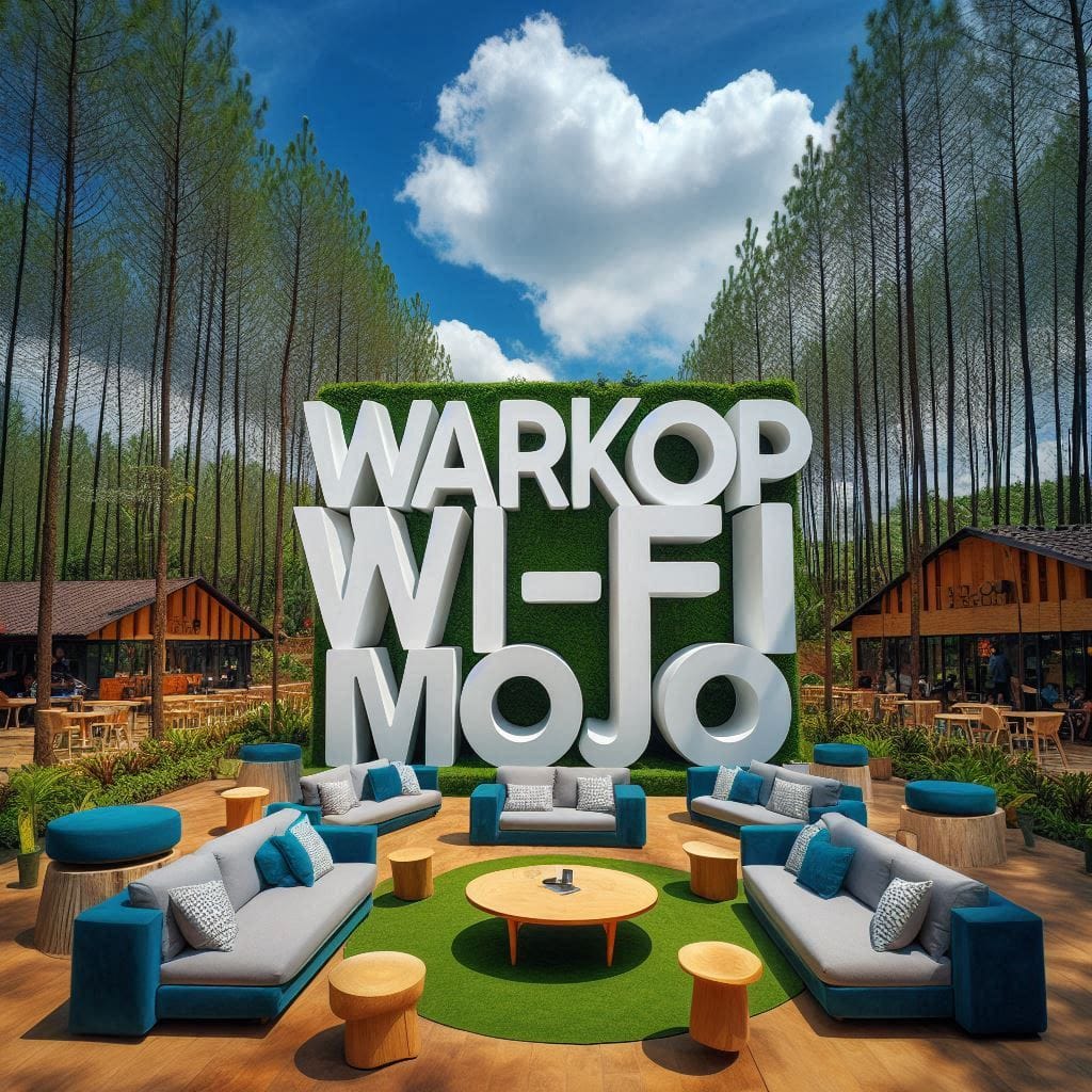 menampilkan huruf 3D besar dari kata 'wARKOP Wi-Fi mOJO' yg ditampilkan dgn jela...