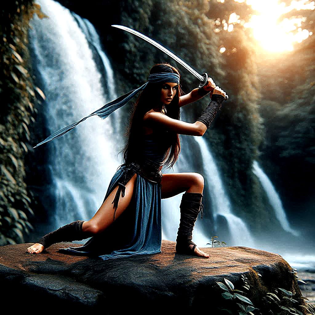 photo of beautiful female warrior, long black hair, wearing a headband, wearing
...