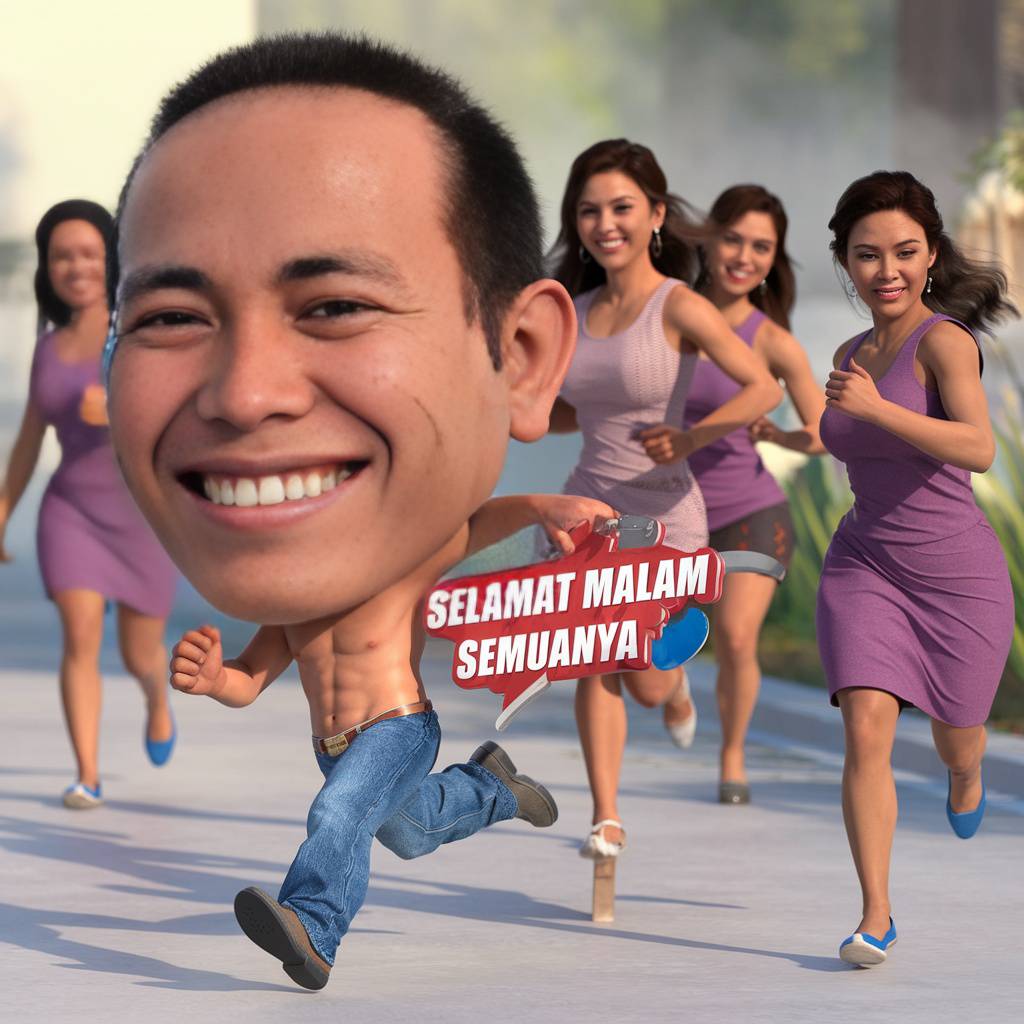 prompt:
 realistic 3D caricature photo, big smiling head, native Indonesian, run...