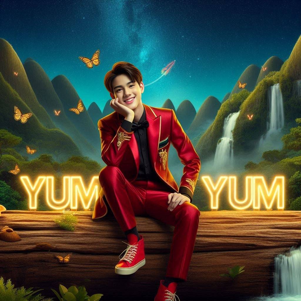 small text " yum yum" neon gold  font. A beautiful thai 20-year-old boy smiling ...