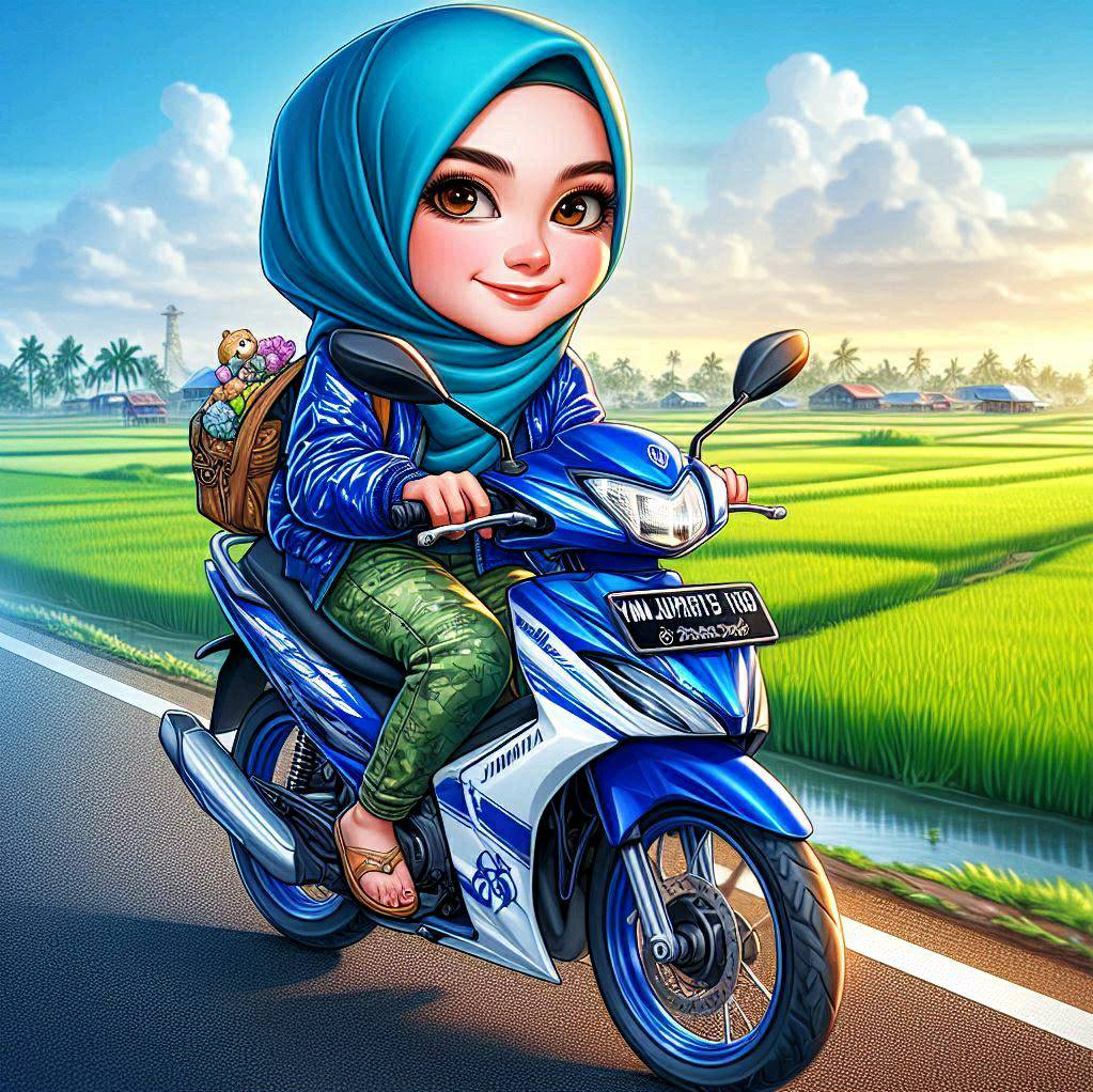 #𝐏𝐫𝐨𝐦𝐩𝐭 : Karikatur seorang gadis indonesia mengenakan hijab dengan jaket glosy ...