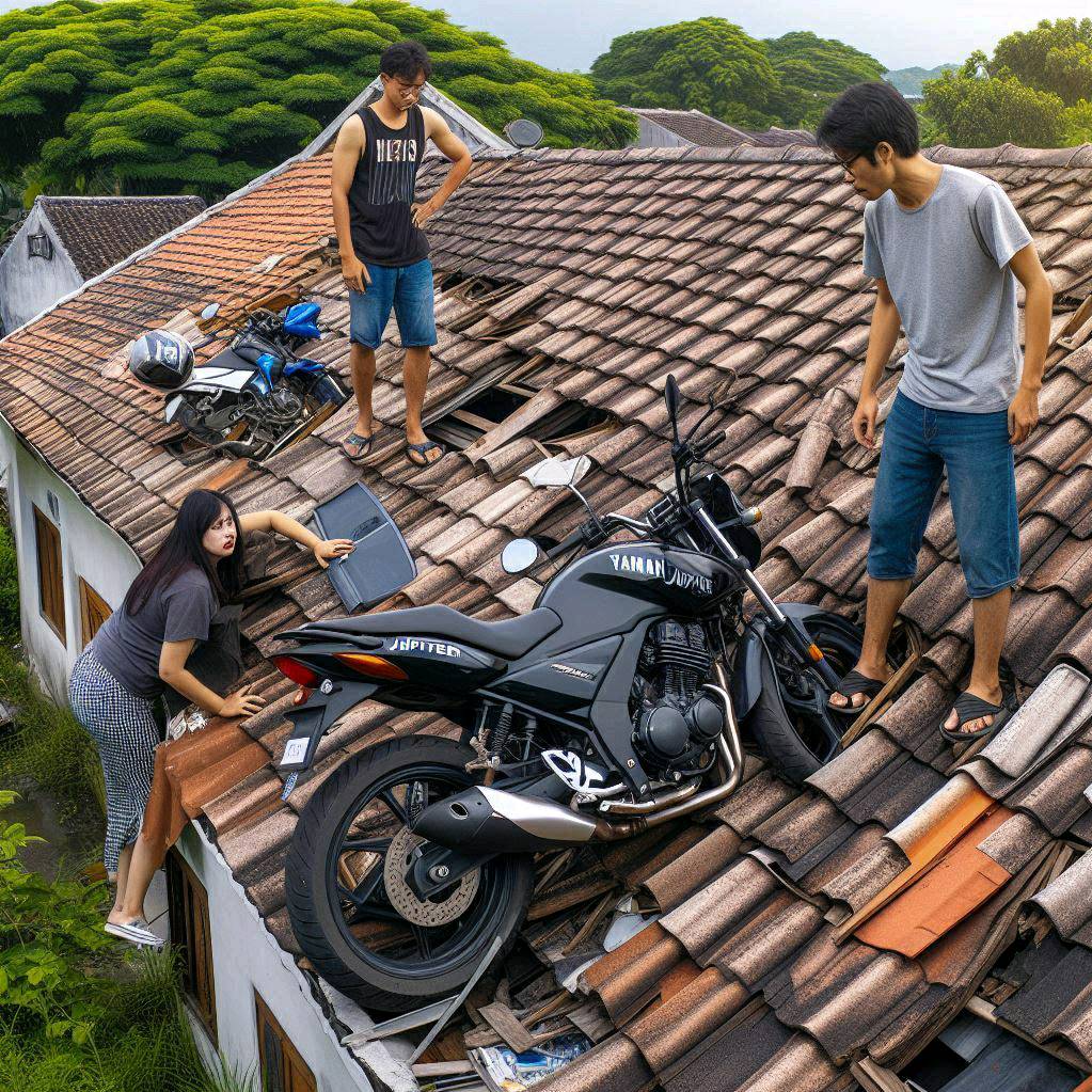 #𝐏𝐫𝐨𝐦𝐩𝐭 : Sebuah sepeda motor Yamaha Jupiter tersangkut di atap rumah ubin yang ...