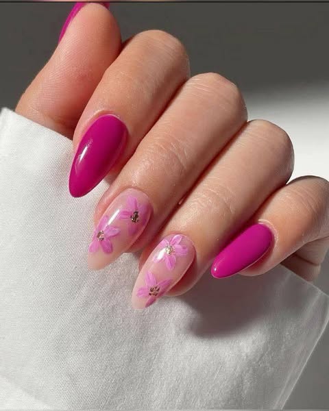 Vibrant Pink Nail Art Designs Featuring Delicate Floral - Image 1